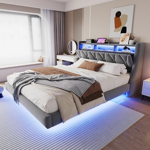 Kelodan Polsterbett 180x200cm Umklappbares Kopfteil mit Steckdose LED Ablagefach Schwebendes Design Samtstoff Grau von Kelodan