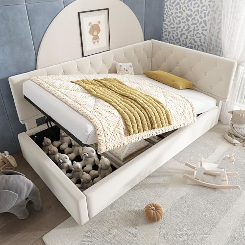 Kelodan Polsterbett 90x190cm Tagesbett Daybett Schlafsofa mit hydraulischem Stauraum, Kinderbett Jugendbett Bettgestell mit Lattenrost aus Holz, Samt, Beige, ohne Matratze. von Kelodan