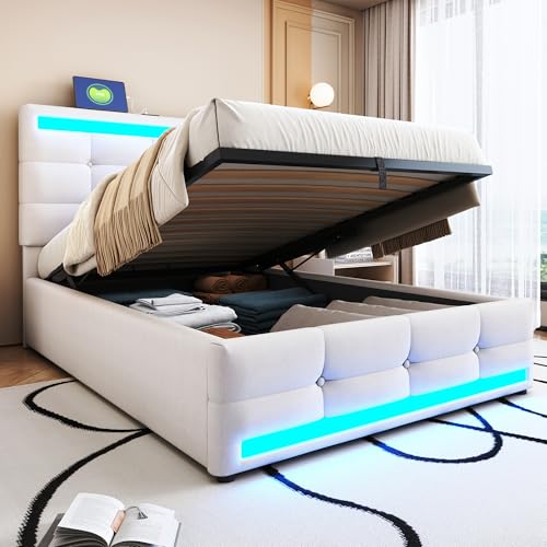 Kelodan Polsterbett 90x200 Hydraulisches Stauraum-Kinderbett mit USB und farbwechselndem LED-Lichtstreifen, Beiges Leinen-Einzelbett von Kelodan