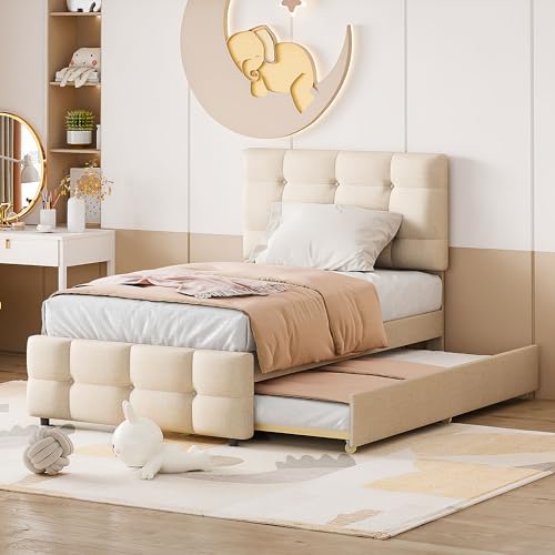 Kelodan Polsterbett 90x200cm, Kinderbett ausziehbares verstellbares Kopfteil, hautfreundliche Leinenpolsterung, flaches Einzelbett Jugendbett Gästebett (Beige) von Kelodan