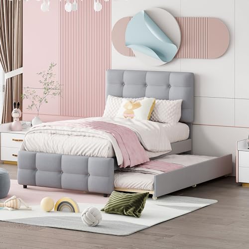 Kelodan Polsterbett 90x200cm, ausziehbares Kinderbett, verstellbares Kopfteil, hautfreundliche Leinenpolsterung, flaches Einzelbett Jugendbett Gästebett (Grau) von Kelodan