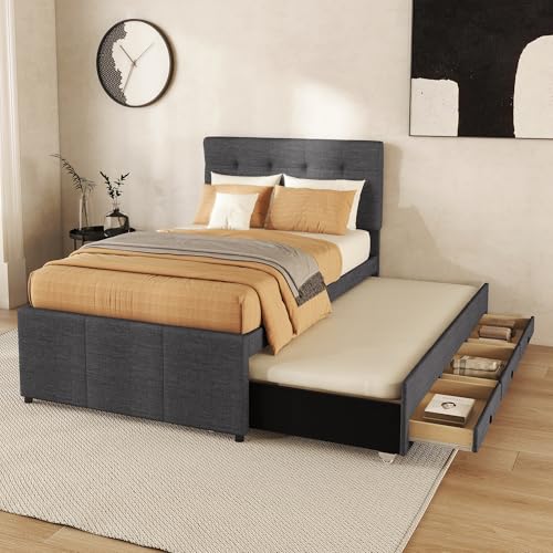 Kelodan Polsterbett 90x200cm Familienbett Bett mit DREI Schubladen Ausziehbares Rollbett Verstellbares Kopfteil Ohne Matratze Grau Kelodan Polsterbett 90x200cm Familienbett Bett mit DREI Schubladen Ausziehbares Rollbett Verstellbares Kopfteil Ohne Matratze Grau von Kelodan