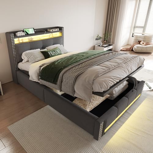 Kelodan Polsterbett 90x200cm Kinderbett LED-Beleuchtung USB-Steckdose Kopfteil Einlegeböden Stauraum Hydraulik Lagerung Einzelbett Leinenstoff Grau Kelodan Polsterbett 90x200cm Kinderbett LED-Beleuchtung USB-Steckdose Kopfteil Einlegeböden Stauraum Hydraulik Lagerung Einzelbett Leinenstoff Grau von Kelodan