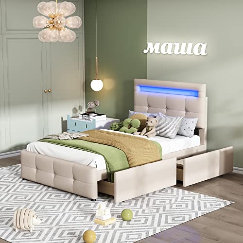 Kelodan Polsterbett 90x200cm LED-Leuchten, 2 Schubladen, hautfreundliche Leinenpolsterung Einzelbett Kinderbett Jugendbett Gästebett flach (Beige) von Kelodan