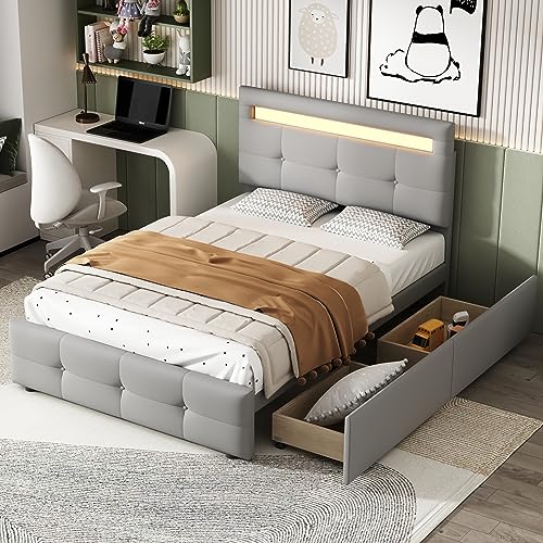 Kelodan Polsterbett 90x200cm LED-Leuchten 2 Schubladen hautfreundlicher Leinenpolsterung flach Einzelbett Kinderbett Jugendbett Gästebett (Grau) von Kelodan