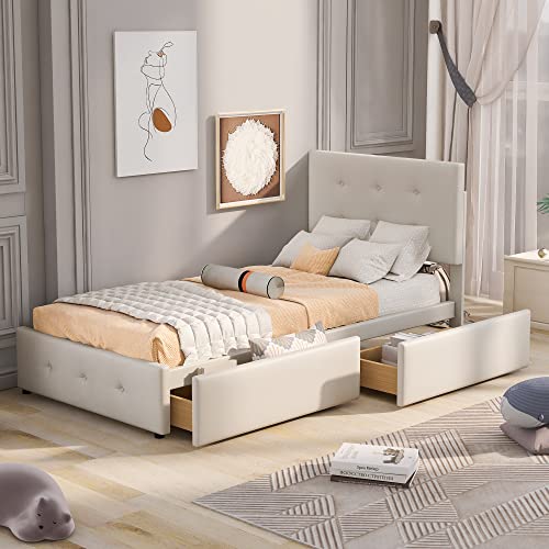 Kelodan Polsterbett Bett 90x200cm mit Lattenrost, Rückenlehne und Zwei Schubladen, hautfreundlicher Samtstoff Beige flaches Einzelbett Kinderbett Jugendbett Gästebett (ohne Matratze) von Kelodan
