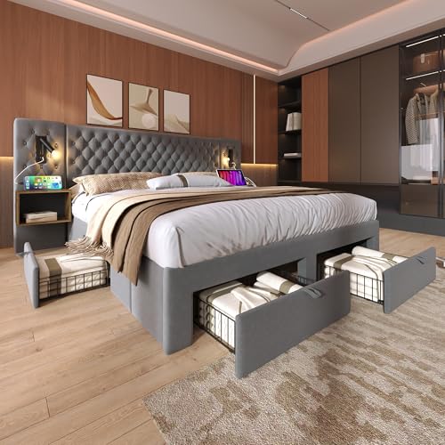 Kelodan Polsterbett Doppelbett 160×200cm Bettanlage Schlafzimmer Komplett Set mit 2 Nachttischen und 4 Schubladen, Kopfteil Leselicht mit USB Ladefunktion, Grau, Samt (Ohne Matratze) von Kelodan