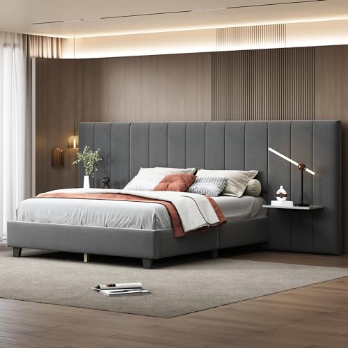 Kelodan Polsterbett Doppelbett 160x200cm mit verlängertem Kopfteil und Rückenlehne, Ablagen an beiden Seiten des Kopfteils, mit Lattenrost, Samtstoff Grau Kelodan Polsterbett Doppelbett 160x200cm mit verlängertem Kopfteil und Rückenlehne, Ablagen an beiden Seiten des Kopfteils, mit Lattenrost, Samtstoff Grau von Kelodan