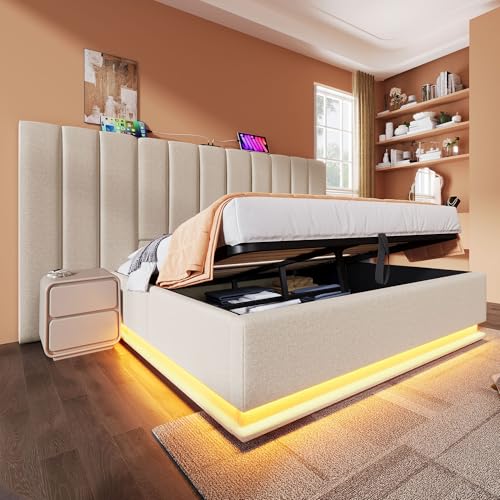 Kelodan Polsterbett Doppelbett Stauraumbett LED USB-C Ladefunktion Bettgestell mit 180x200cm Lattenrost Leinen Beige Ohne Matratze und Nachttisch Kelodan Polsterbett Doppelbett Stauraumbett LED USB-C Ladefunktion Bettgestell mit 180x200cm Lattenrost Leinen Beige Ohne Matratze und Nachttisch von Kelodan