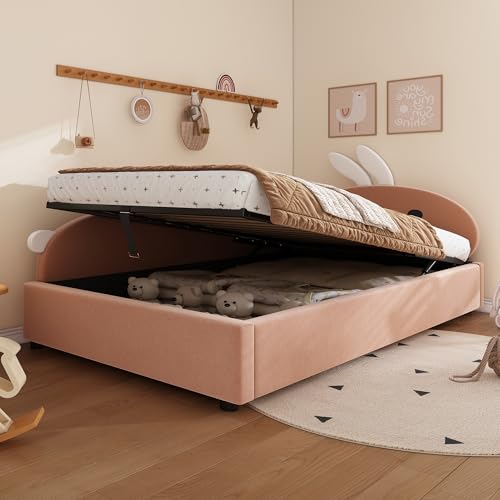 Kelodan Polsterbett Einzelbett 90x200cm Kinderbett Niedliches Häschen-Kopfteil Hydraulisches Bett mit Stauraum Erhöhter weicher Zaun Linke Seitenplatte Samt Rosa+Weiß Kelodan Polsterbett Einzelbett 90x200cm Kinderbett Niedliches Häschen-Kopfteil Hydraulisches Bett mit Stauraum Erhöhter weicher Zaun Linke Seitenplatte Samt Rosa+Weiß von Kelodan