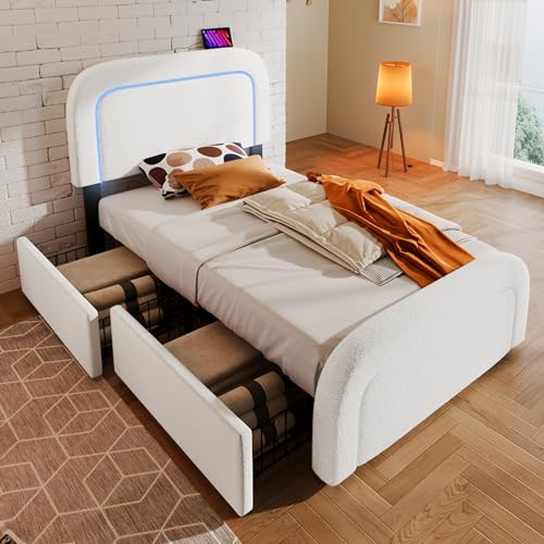 Kelodan Polsterbett Einzelbett 90x200cm mit USB Typ C Ladefunktion LED-Beleuchtung und 2 Schubladen, Höhenverstellbarem Kopfteil, Lattenrost aus Holz, Sherp-Weiß (Ohne Matratze) von Kelodan