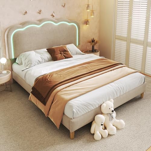 Kelodan Polsterbett LED Doppelbett 140x200cm, Bettgestell mit Lattenrost und Verstellbares Kopfteil, Gepolstertes Bett in Beige, Bettrahmen Jugendbett für Schlafzimmer Gästezimmer-Leinenmaterial Kelodan Polsterbett LED Doppelbett 140x200cm, Bettgestell mit Lattenrost und Verstellbares Kopfteil, Gepolstertes Bett in Beige, Bettrahmen Jugendbett für Schlafzimmer Gästezimmer-Leinenmaterial von Kelodan