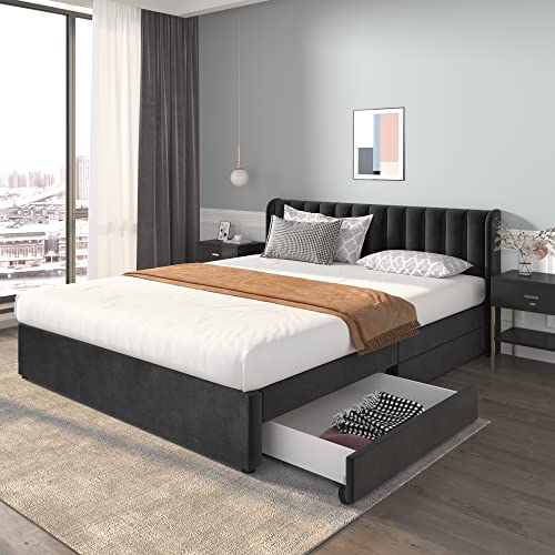 Kelodan Polsterbett Samt 180x200cm Mit Lattenrost Rückenlehne 2 Schubladen, Schwarz Kelodan Polsterbett Samt 180x200cm Mit Lattenrost Rückenlehne 2 Schubladen, Schwarz von Kelodan