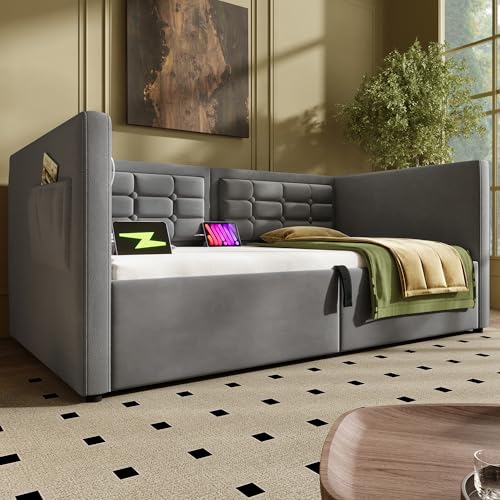 Kelodan Polstertes Schlafsofa 90x200cm Einzelbett mit Hydraulischem Stauraum und USB&Type-C Ladestation Gästebett mit Holzlattenrost Grau Samt Ohne Matratze von Kelodan