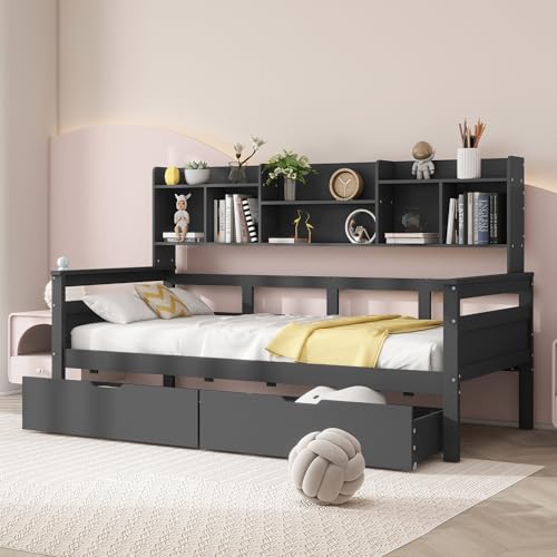 Kelodan Schlafsofa 90x200, Schubladen, Regale, Lattenrost, Kinderbett, Jugendbett, Einzelbett, Massivholzbett, grau von Kelodan