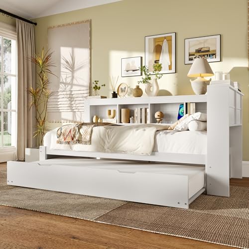 Kelodan Schlafsofa 90x200cm, Daybett mit ausziehbarem Bett, Mit Steckdose und 2 USB-Anschlüssen, Bett mit Lattenrost (ohne Matratze), Spanplatte, Weiß von Kelodan