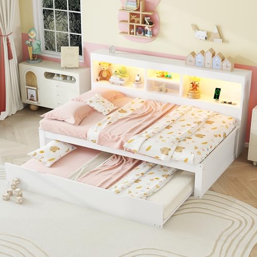 Kelodan Schlafsofa 90x200cm Mit LED-Leuchten Bettseitiges Staufach Ausziehbares Bett Steckdose + USB Ohne Matratze Weiß von Kelodan