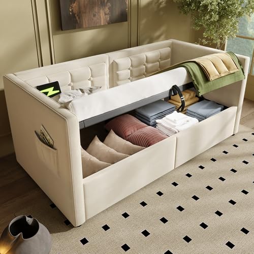 Kelodan Sofabett 90x200cm Polstertes Einzelbett Schlafsofa mit Hydraulischem Stauraum und USB&Type-C Ladestation Gästebett mit Holzlattenrost Beige Samt Ohne Matratze von Kelodan