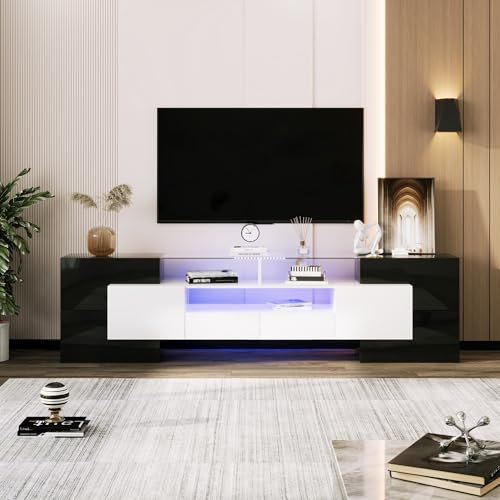 Kelodan TV-Schrank Stilvoll 200cm Hochglanz-Weiß Schwarz LED-Beleuchtung Glasoberfläche Wohnzimmermöbel Modernes Design von Kelodan