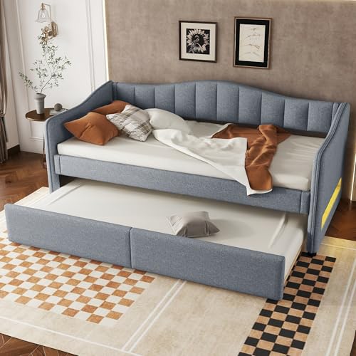 Kelodan Tagesbett 90x200cm Daybettt mit ausziehbarem Bett Schlafsofa Einzelbett (Ohne Matratze) Ambiente-Licht-Design Leinen minimalistisches Styling Grau von Kelodan