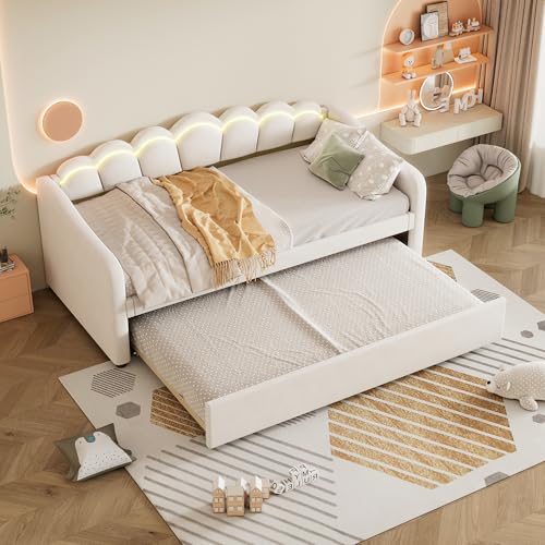 Kelodan Tagesbett 90x200cm Daybettt mit ausziehbarem Schlafsofa Einzelbett Ohne Matratze Samt farbwechselndes Umgebungslicht Fernbedienung minimalistisches Styling Beige von Kelodan