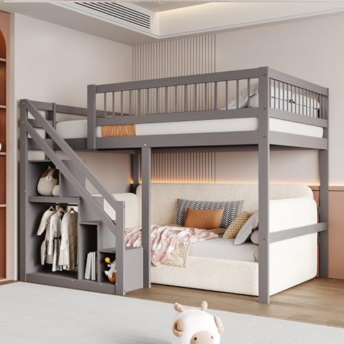 Massivholzbett 140x200, Grau, Treppe mit Stauschrank, hohes Geländer, Kinderbett, Jugendbett, Massivholzbettgestell Massivholzbett 140x200, Grau, Treppe mit Stauschrank, hohes Geländer, Kinderbett, Jugendbett, Massivholzbettgestell von Kelodan