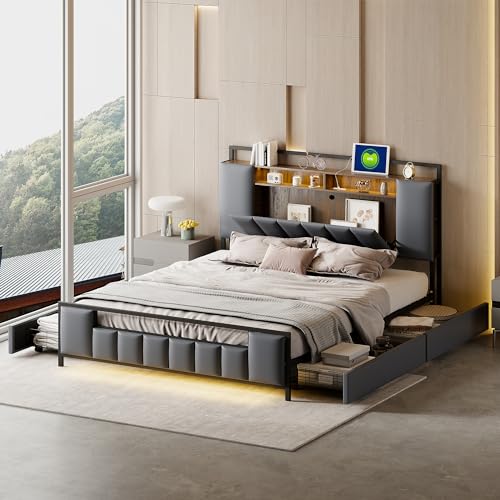 Polsterbett 160x200cm, Multifunktionsbett mit LED-Licht, USB-Steckdose, Schubladen, Bettgestell aus massivem Eisen, Jugendbett, Erwachsenenbett, Doppelbett, Kunstleder, Grau von Kelodan