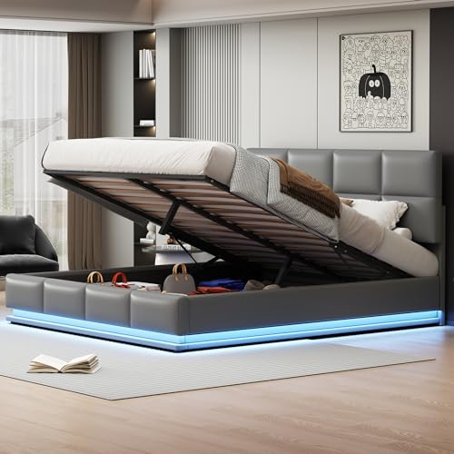 Polsterbett 180x200 mit LED Beleuchtung & hydraulisch anhebbarem Bettstauraum, Bettkasten & Lattenrost, Bezug aus Kunstleder, Doppelbett Erwachsenen Jugendbett Hellgrau Polsterbett 180x200 mit LED Beleuchtung & hydraulisch anhebbarem Bettstauraum, Bettkasten & Lattenrost, Bezug aus Kunstleder, Doppelbett Erwachsenen Jugendbett Hellgrau von Kelodan