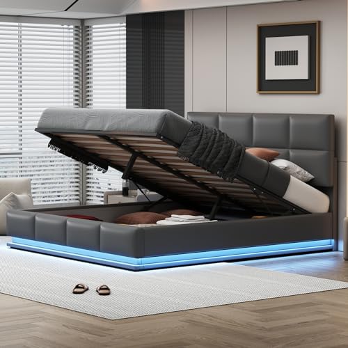 Polsterbett 180x200cm LED Beleuchtung Hydraulisch anhebbarer Bettstauraum Bettkasten Lattenrost Kunstleder Doppelbett Erwachsenen Jugendbett Grau von Kelodan