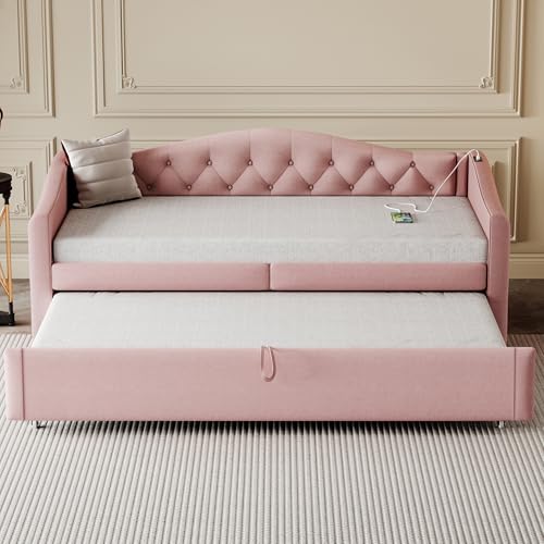 Polsterbett 90x200cm Ausziehbares Schlafsofa Mit USB-Anschluss Klassische Form mit Knöpfen Lattenrost Multifunktionsbett Gästebett Leinenstoff Rosa (Matratze Nicht enthalten) von Kelodan