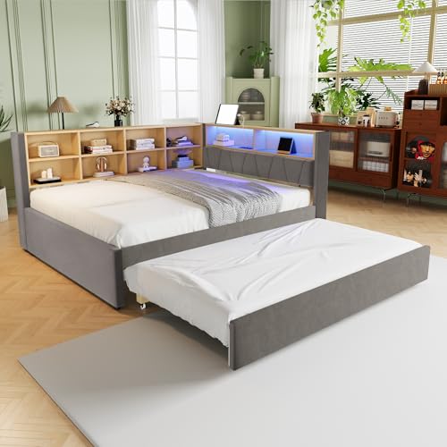 Schlafsofa 140x200 Flanell Dunkelgrau Ausziehbett 90x190 ausgestattet mit LED Leuchten, Steckdosen und vielen Ablagefächern, Polsterbett, Multifunktionsschlafsofa, Einzelbett von Kelodan