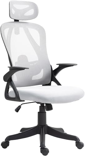 Bürostuhl Ergonomisch mit Wippfunktion, Schreibtischstuhl Höhenverstellbar mit Kopfstütze und Klappbare Armlehnen, Drehstuhl Office Chair Arbeitsstuhl Bürosessel mit Lendenwirbelstütze (grau) von Keltorio