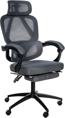 Ergonomischer Bürostuhl Höhenverstellbar mit Kopfstütze und Fußstütze, Schreibtischstuhl Homeoffice mit Lendenwirbelstütze, Office Chair 135° Kippfunktion Wippfunktion Drehstuhl Netzstuhl (Dunkelgrau) von Keltorio