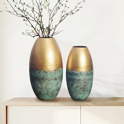 Vase 2er Set Blumenvase Aluminium Gold Patina Handgefertigt, Tischvase Bodenvase Dekovase Modern, Deko Vasen Set Punziert für Tischdeko Wohndeko Wohnzimmer Dekoration Schlafzimmer Küche Büro Flur von Keltorio