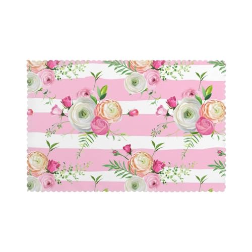 Blumen Rosa Streifen, 6er Set Tischsets Waschbar Platzsets für Esstisch Hitzebeständig Tablettmatten 30x45cm von KemEng