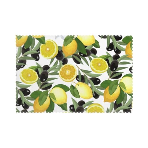 Zitrone und Olive, 6er Set Tischsets Waschbar Platzsets für Esstisch Hitzebeständig Tablettmatten 30x45cm von KemEng