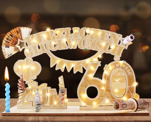 Kemanga 60. Geburtstag Geldgeschenke mit LED-Lichterkette, Holz Geschenk zum 60. Geburtstag für Männer Frau, 60. Geburtstag Dekoration Personalisiertes Geschenke von Kemanga