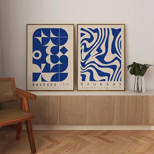 Abstrakte Vintage-Wand Bilder Bauhaus blaue Linie geometrische Leinwandbild modernes Poster aus der Mitte des Jahrhunderts Bild Wohnzimmer Heimdekoration 50 x 70 cm x 2 ungerahmt von KemneT