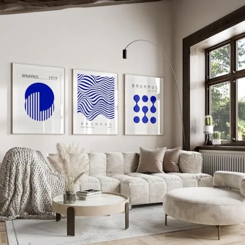 Blaue Bauhaus-Ausstellung geometrische Linie Posterdruck minimalistisches Retro-Wand Bilderbild moderner Leinwanddruck Wohnzimmer-Heimdekoration 40 x 60 cm x 3 ungerahmt von KemneT