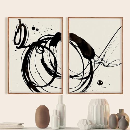 KemneT Abstrakte schwarze Strichzeichnung Wand Bilder beige minimalistisches Leinwandgemälde moderne Poster Kunstdrucke Wandbild für Wohnzimmer Heimdekoration 50 x 70 cm x 2 ungerahmt von KemneT