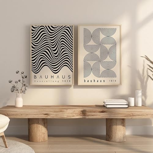 KemneT Bauhaus-Leinwandgemälde mit abstrakten schwarzen Linien Mitte des Jahrhunderts moderne Wand Bilder Vintage-Ausstellungsposter Kunstdrucke Bild Raumdekoration 50 x 70 cm x 2 ungerahmt von KemneT