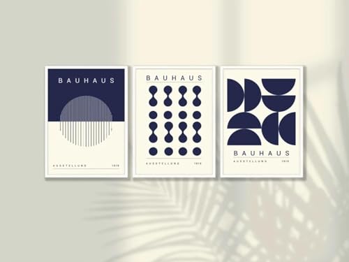 KemneT Blaue Bauhaus-Grafiklinie Leinwandgemälde minimalistische Wand Bilder Mid-Century Modern Poster Kunstdrucke Bild Wohnzimmer Heimdekoration 50 x 70 cm x 3 ungerahmt von KemneT