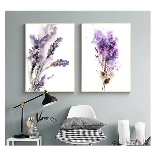 KemneT Lila Lavendel-Flieder-Blumen-Gemälde Wand Bilder Leinwandgemälde abstrakte botanische Poster Kunstdrucke Bild Wohnzimmer Heimdekoration 40 x 60 cm x 2 ungerahmt von KemneT