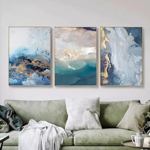 KemneT Moderne abstrakte Leinwand-Wand Bilder blaue Marmorwelle Leinwandbild nordische Poster und Kunstdrucke Wandbild für Wohnzimmer Heimdekoration 50 x 70 cm x 3 ungerahmt von KemneT
