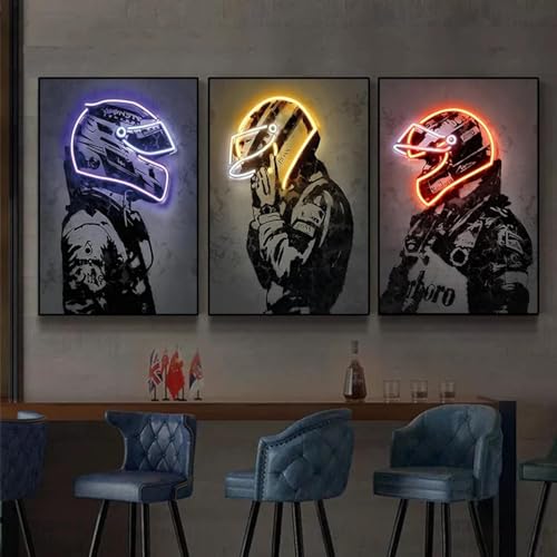KemneT Neon-Rennwagenfahrer-Helm-Poster Leinwandgemälde abstrakte moderne Wand Bilder Kunstdrucke Bilder Wohnzimmer Schlafzimmer Heimdekoration 40 x 60 cm x 3 ungerahmt von KemneT
