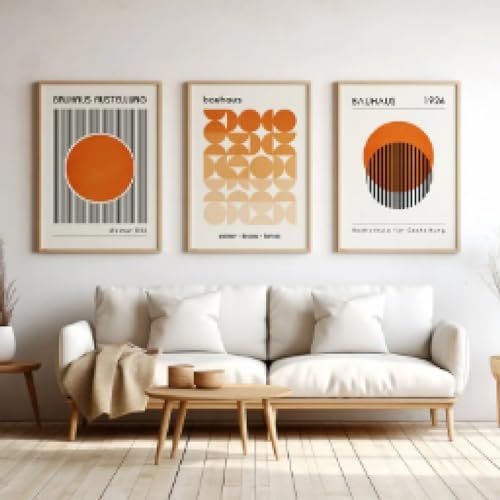 KemneT Orange Bauhaus-Ausstellung geometrischer Posterdruck minimalistische Linie Leinwandgemälde abstrakte Wand Bilder Bild Wohnzimmer Heimdekoration 50 x 70 cm x 3 ungerahmt von KemneT