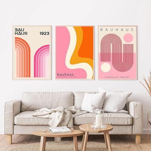 KemneT Rosa Bauhaus-Ausstellung Wand Bilder abstrakte Wellenlinie Leinwandgemälde Retro nordische Poster Kunstdrucke Wandbild Wohnzimmer Heimdekoration 50 x 70 cm x 3 ungerahmt von KemneT