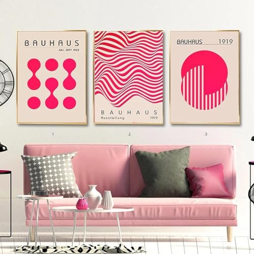 KemneT Rosa Bauhaus-Linienmuster-Poster und Kunstdrucke abstrakte nordische Leinwandbild Wand Bilder moderne Bilder Wohnzimmer Inneneinrichtung Heimdekoration 40 x 60 cm x 3 ungerahmt von KemneT