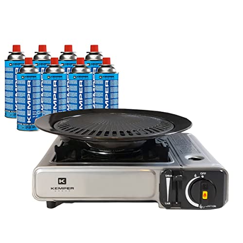 KEMPER - Grill 2-in-1 Piezo-Gaskocher 2200 W + Grillplatte + 8 Butangaskartuschen Camping von Kemper