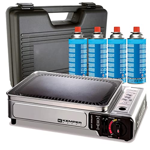 KEMPER - Tragbare Gasgrillplatte, 2300 W, Antihaftplatte + 4 Camping-Gaskartuschen + Transportkoffer von Kemper
